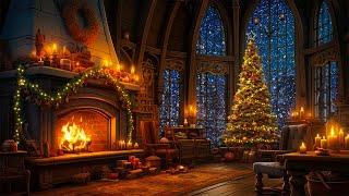 Cozy Cabin Ambiance with Crackling Fireplace Christmas Fireplace, Snowing Outside Window