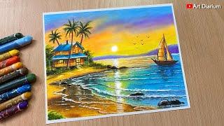 Beach Sunset Scenery Drawing Step by Step - for Beginners