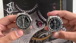 Omega Speedmaster Reduced next to the new Speedmaster 38