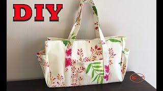 DIY FLORAL PRINT CANVAS TOTE BAG WITH EXPAND SIDE POCKETS TUTORIAL