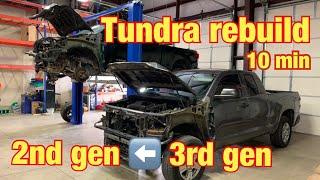 REBUILDING A WRACKED SALVAGE 2010 TOYOTA TUNDRA 3RD GEN TO 2ND GEN FRONT END SWAP IN 10 MINUTES