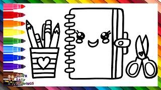 Draw and Color a Notebook, Pencils and Scissors ️️️ Drawings for Kids