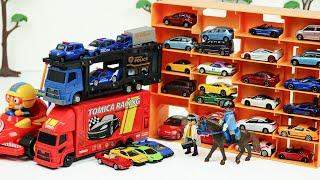 토미카 전시장 놀이! 경찰 캐리어카와 레이싱 캐리어카로 배달했어요 tomica shop with carrier truck toys