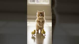 Fluffy Cat Standing Like a Human Surrounded by Ducklings