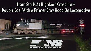 Train Stalls At Highland Crossing + Double Coal With A Primer Gray Hood On Locomotive