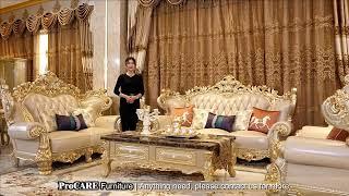 top luxury golden royal living room leather sofa set, top gain nublack leather, solid wood furniture