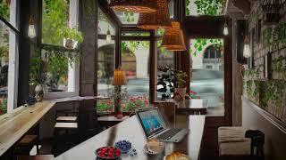 Coffee Shop Ambience Cozy Rainy Day [ASMR Study & Relax] keyboard typing + Light Rain + people