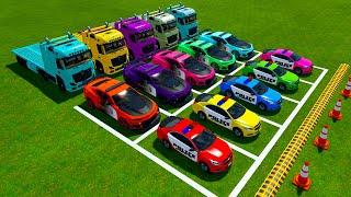 ALL COLOR OF POLICE CAR MODELS | TRANFROMING SMALL TO BIG POLICE CARS BY TRUCK! Farming Simulator 22