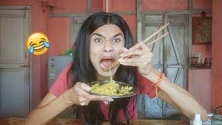 Eating Maggi with Chopsticks for the First time 