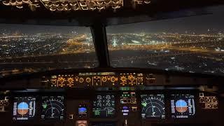 Airbus A320 Cockpit view Landing in DBX Dubai Airport at Night