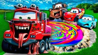 RAINBOW PIT Transform In Big & Small Long Bus Lightning McQueen vs Beast Mack Truck | BeamNG