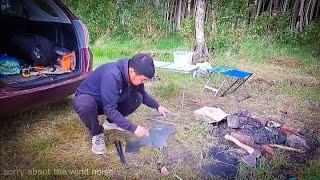 Solo camping on the lake with heavy rain | chicken wings on the grill