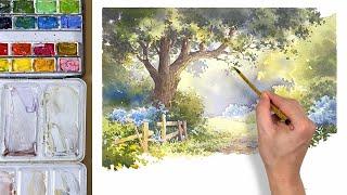 How to Paint in Watercolor: Oak Tree, Flowers and a Dirt Road