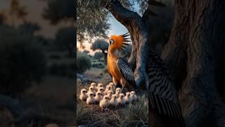 A Mother Hoopoe and Her Chicks Rest Beneath an Olive Tree at Dusk #hoopoe #birds #bird #nature