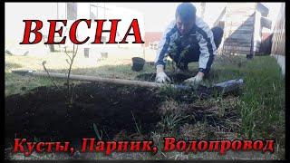 Весна, Мини парник  Куст смородины.  Летний водопровод.