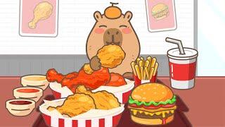 Capybara mukbang animation / ASMR / Hamburger, fried chicken fried potatoes and soda / Capy Capy