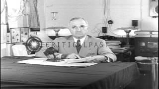 President Harry S. Truman reads prepared speech after dropping of atomic bomb on ...HD Stock Footage