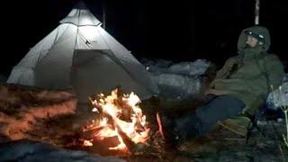 Luxe Megahorn Hot Tent in the Snow and Rain, Campfire Cooking!