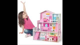 Wooden Dollhouse with Furniture, Doll House Playset for Kids