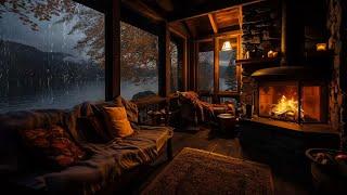 Rain in Cozy Cabin with Warm Fireplace and Gentle Rain on Lakeside to Relaxation, Study and Sleeping