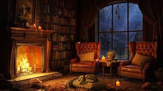 Cozy Room Ambience with Jazz Piano ️ Thunderstorm, Rain, Fireplace Sounds to Reading & Sleeping 4K