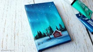 How to paint northern lights | Easy acrylic painting tutorial for beginners | Mini canvas painting