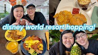 trying the best disney world food at the resorts!  breakfast buffet, resort hopping, lounges 