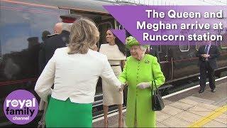 Queen and Meghan, Duchess of Sussex arrive at Runcorn station and visit Widnes