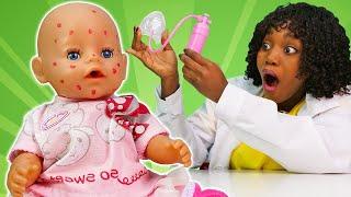 Baby Annabell doll is ill! Baby Born doll goes to the hospital. Pretend to play with baby dolls.