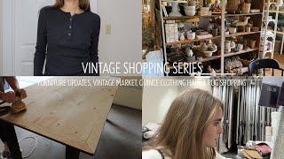 vintage shopping series | furniture updates, vintage market, quince clothing haul & rug shopping