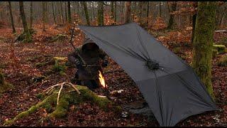 SOLO Overnight Camping in Mild Rain - Bushcraft Poncho Shelter, Canvas Tent, Woodstove, Beech Forest