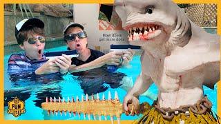 Monster Shark vs Giant Box Fort Boat! Can FunQuesters Aaron & LB Survive?