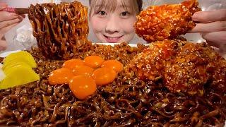 ASMR Jajangmyeon Spicy Korean Fried Chicken【Mukbang/ Eating Sounds】【English subtitles】