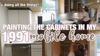 PAINTING THE NEW KITCHEN CABINETS IN OUR 1991 MOBILE HOME | + doing all the things! Ep.35