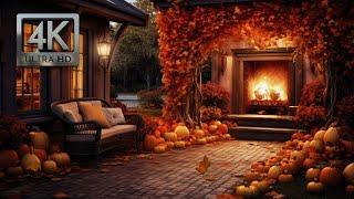 Cozy Autumn Porch Ambience, Wind Chimes, Falling Leaves and Crackling Fire