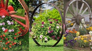 35 Unique ideas decorating the garden with wooden wheels