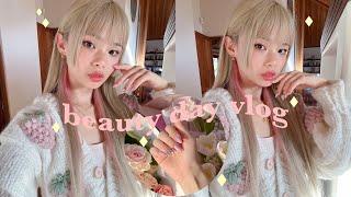 beauty day vlog  6 hour hair transformation, white blonde & hime cut! + korean nail art manicure 