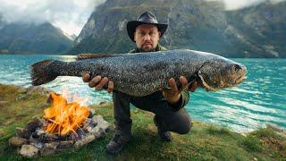 Monster fish steaks cooked in pine steam: Outdoor Cooking ASMR 8K