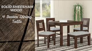 Solid/Sheesham Wood 4 seater dining table With Bench Grey Cushion ||#Douceurfurniture#funituredesign