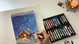 drawing a winter holiday landscape with soft pastel