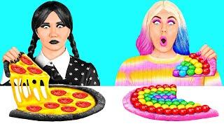 كيفية صنع قوس قزح عملاق و بيتزا أسود التحدي مع ال Wednesday Addams FUN FOOD