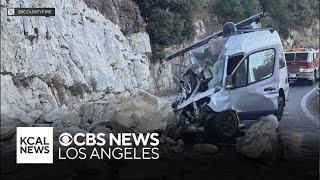 San Bernardino County man survives after two boulders crush his van