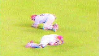 Mickey Morandini collides with Pete Incaviglia