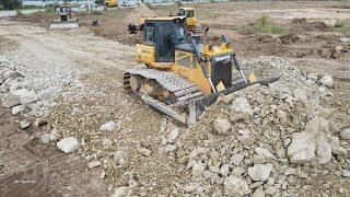 Amazing , The Best Heavy Bulldozer Pushing Gravel Rock with Dump Truck extreme Unloading on new Road