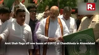 Gujarat: Amit Shah flags off new buses of GSRTC at Chandkheda in Ahmedabad