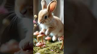 A bunny jumping between fairy mushrooms