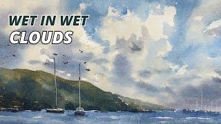 Watercolour seascape with Wet in Wet Clouds - easy beginner painting demo