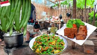 COOKING STEWED LONG BEANS, MAKING BACEM TEMPEH AND FRYING IT