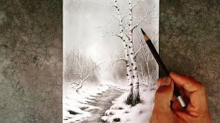 A pencil drawing of birch trees with winter landscape easy ways.