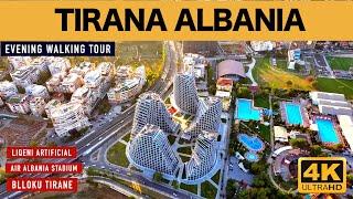 TIRANA, ALBANIA, EVENING WALK - AMBIENT SOUND - DIGA LIQENIT, STADIUMI, BLLOKU [4K HDR]